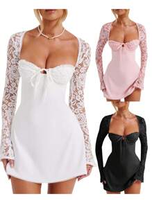 Women Mini Dress, Long Sleeve Backless Low-Cut Tie-Up Lace Patchwork Cocktail Dress A-Line Dress
