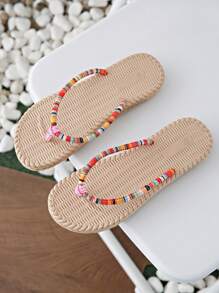 Teens Colorful Rope Woven Round Toe Flat Sandals, Non-Slip Beach Slippers, Fashionable Resort Style