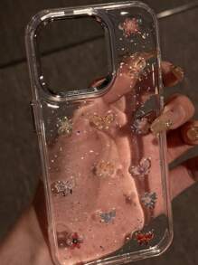 Cute Sequins Epoxy Colorful Butterfly Flower Clear Phone Case Compatible With IPhone 16 15 14 13 12 11 Pro Max Floral Stylish Shockproof Bumper Back Cover