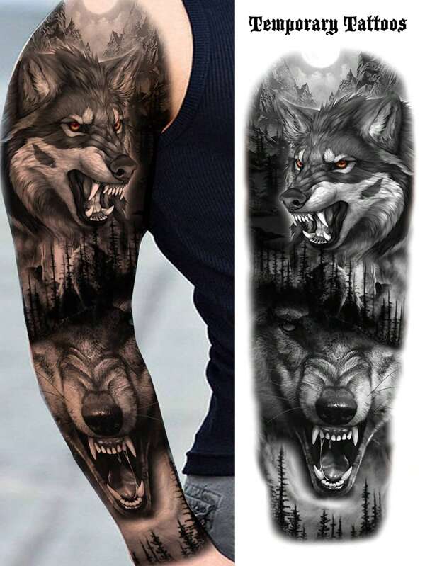1 foglio di tatuaggi temporanei realistici a maniche lunghe a forma di lupo per uomini adulti, cosce, gambe e braccia, tatuaggi finti impermeabili e duraturi per donne, Ognissanti, bestia, coyote