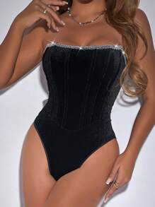 High-End Velvet Diamante Decor Corset Jumpsuit, Slimming Solid Color Waist Tight Women Party Clubwear - Black - View 3