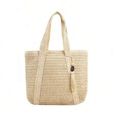 New Fashion Versatile Tote Bag, Beach Holiday Bag, Lightweight & Elegant Woven Design Bohemian Style Small Shoulder Handbag With Tassel Pendant, Large Capacity For Commuting, Daily Shopping, Vacation, Suitable For Women, College Students, Teenagers - Beige - View 11