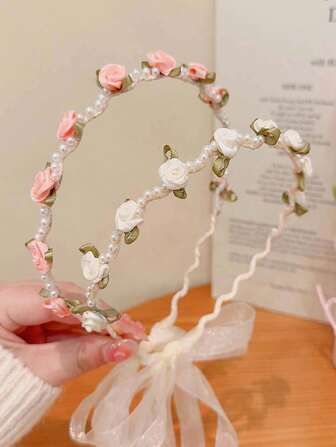 1 件珍珠花缎面头带，适合女孩和儿童的多功能外出发饰，空灵的森林美学，甜美