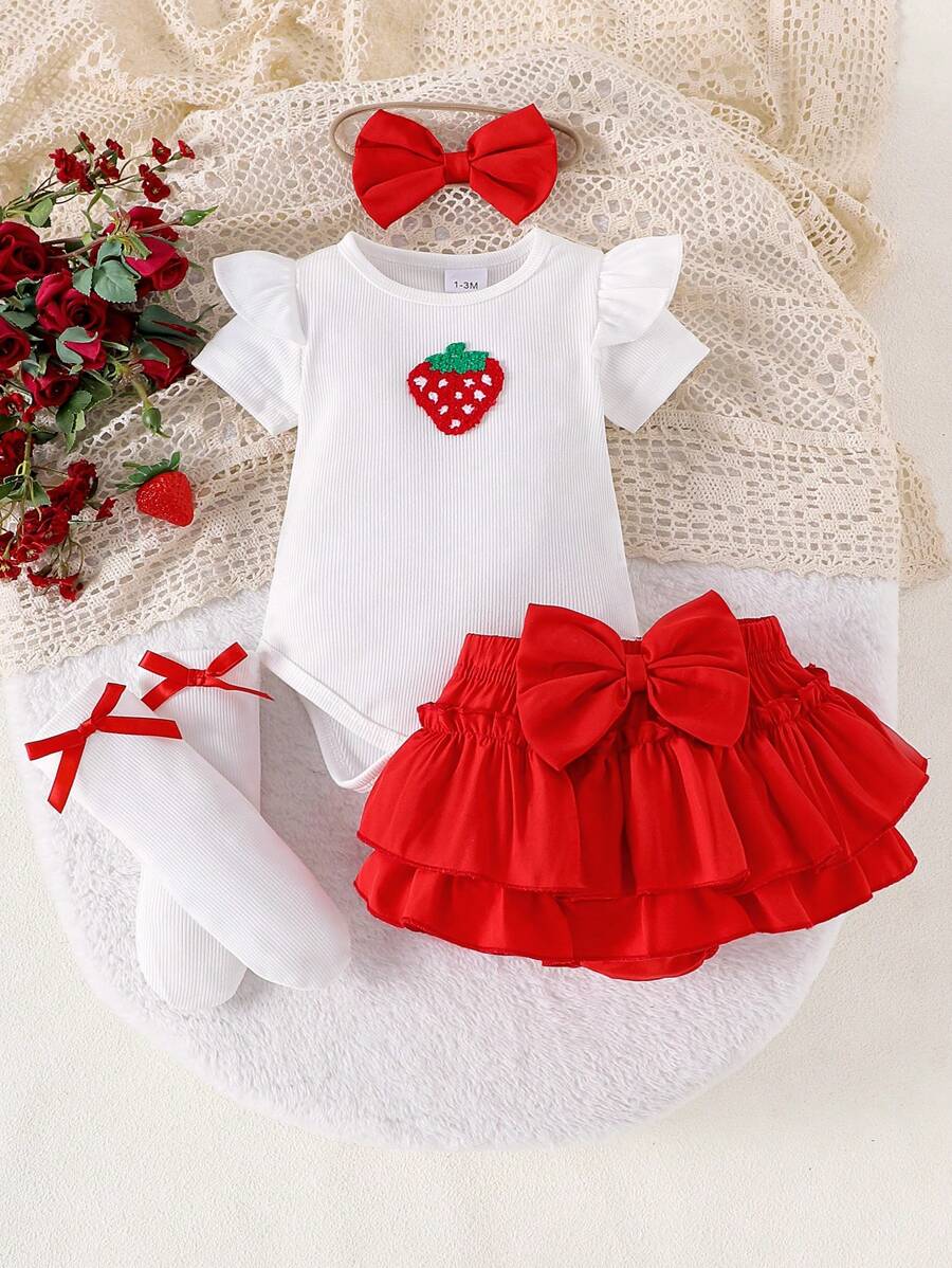 2pcs/Set Cute Fruit Print Baby Girls Short Sleeve Bodysuit + Shorts Outfit, Lightweight Summer - Red and White - View 1
