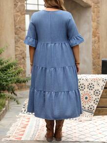 Plus Size Women's Versatile Casual Vacation Fashion Elegant Ruffle V-Neck Music Festival Long Dress - Blue - View 6