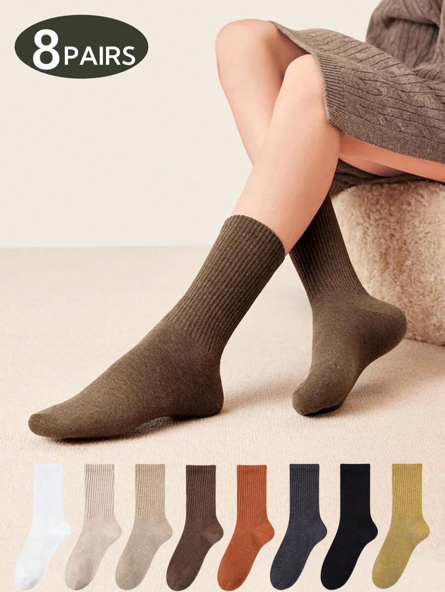 1 paire/5 paires/8 paires Chaussettes mi-mollet douces et confortables simples et décontractées pour femmes, pour le printemps et l'automne, convenant pour le yoga et les sports de plein air
