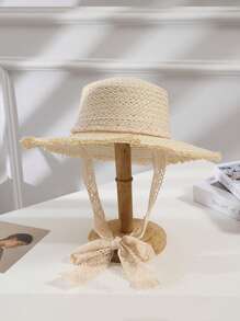 Wide Brim Frayed Woven Straw Hat, Floppy Sun Hat With Tie For Summer Beach Vacation, Stylish