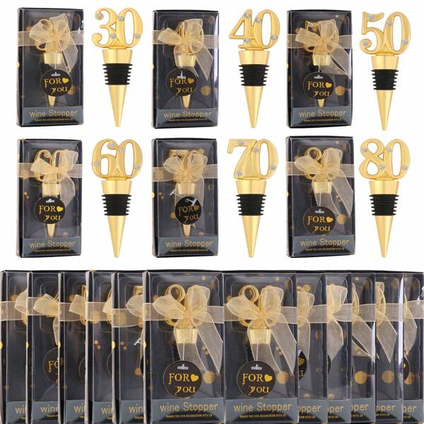 Rolhas de metal reutilizáveis para garrafas de vinho com números 15, 30, 40, 50, 55, 60, 65, 70, 75, 80, 90, 100 - Ótimas para festas de aniversário, bodas, comemorações, presentes para anfitriãs, chás de panela, Dia dos Namorados