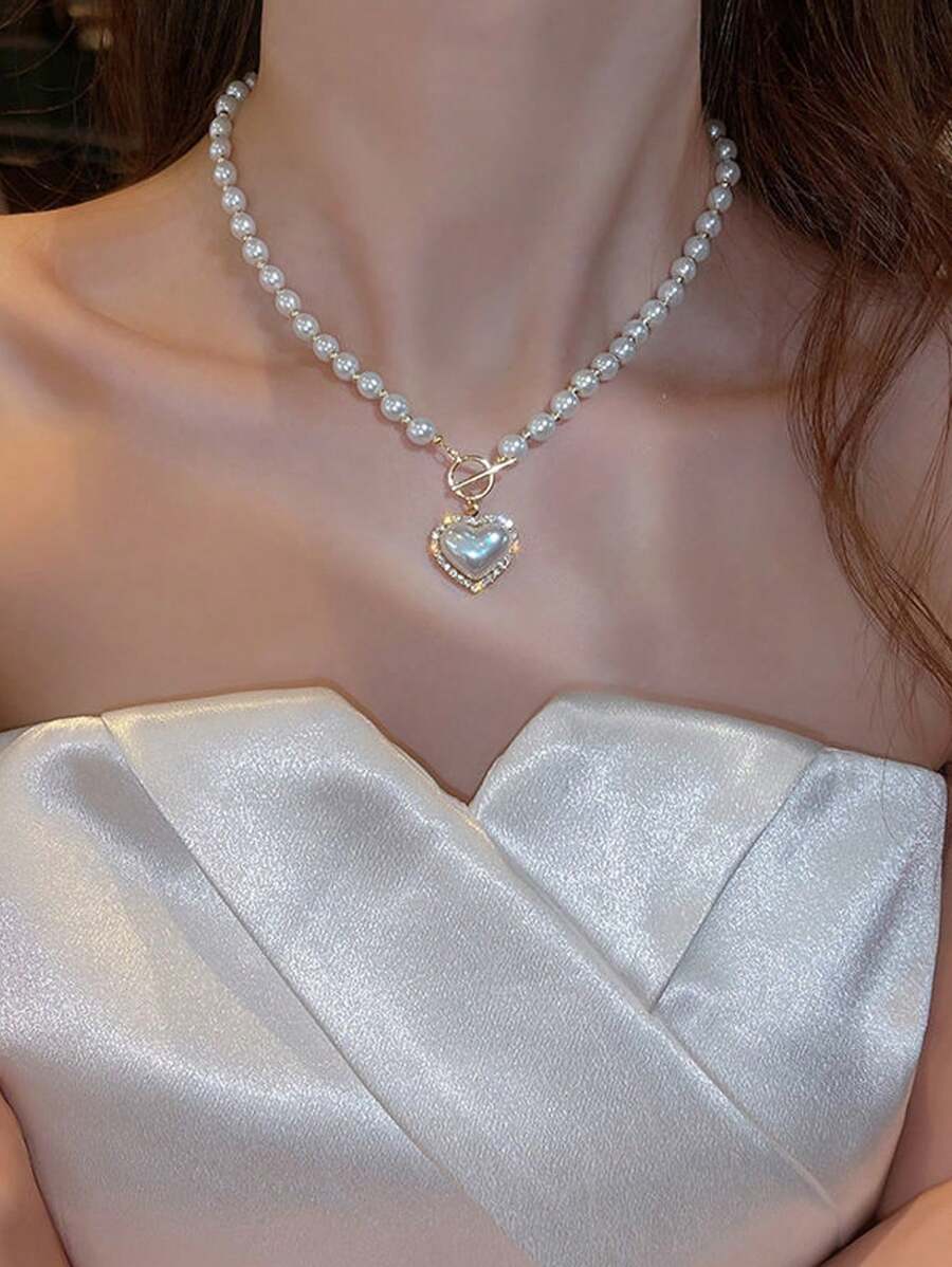 1pc Elegant Korean Fashion Women Pearl Heart Shaped OT Button Necklace, Suitable For Daily Gatherings And Parties