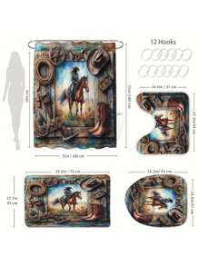 4 Stücke Badezimmer Vorhang Set im Bauernhof-Stil mit Pferdemotiv, moderne Badezimmer Dekoration, wasserdichter Stoffvorhang Set mit 12 Haken, rutschfeste Badematte, U-förmige Toilettenauflage, Toilettendeckel, geeignet als Geschenk für Zuhause, St. Patrick's Day Badezimmer Accessoires, Rückkehr zur Schule