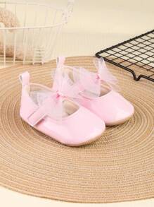 1 Pair Girls Bowknot PU Hook And Loop Design Flats, Shiny Casual Fashion Princess Shoes, Suitable For Spring & Autumn - Pink - View 1