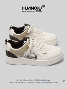 HUANQIU 2025新款男鞋男士运动鞋黑色鞋滑板鞋山水画时尚小白鞋泼墨百搭轻便舒适小白鞋系带软底休闲鞋中国风跑鞋黑白四季鞋 - 棕色 - 查看 4