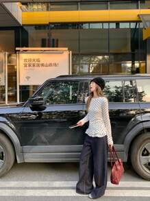 Women's Sweet Style White Polka Dot Long Sleeve T-Shirt, Ruffled Hem Slim Fit Layering Top, Lightweight Autumn Wear