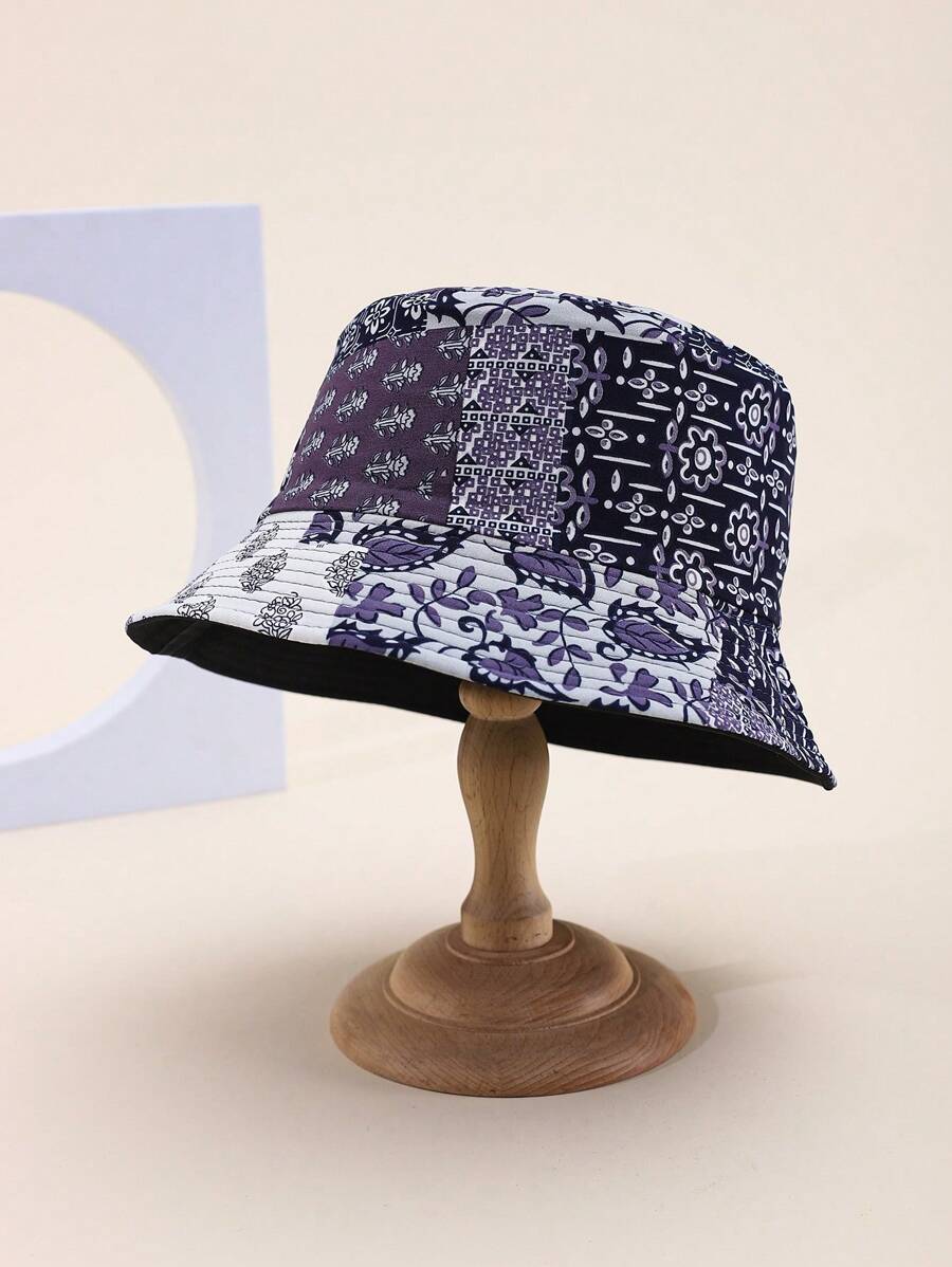 Reversible Vintage Floral Printed Bucket Hat, Polyester Fabric, Sun Protection, Spring/Summer/Autumn - A - View 1
