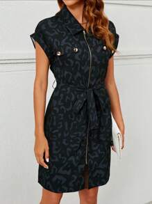 休闲通勤豹纹拉链衬衫裙