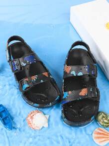 Kids' Beach Slippers, Summer Slip-On Sandals, Girls' Open Toe Sandals, Breathable Water Shoes, Printed, Hook And Loop, Outdoor Shoes - Black - View 8