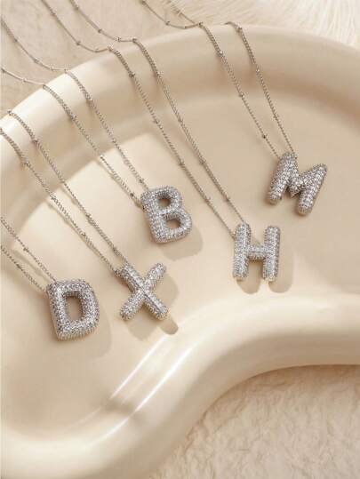 One Piece New Women's Stainless Steel Bubble Letter Necklace Shining Zirconia Rhinestone Letter 26 A-Z Exquisite Balloon Necklace
