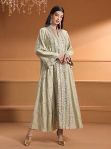 女士 V 领优雅刺绣亮片装饰阿拉伯长裙，端庄卡夫坦 - 軍綠色 - 查看 1