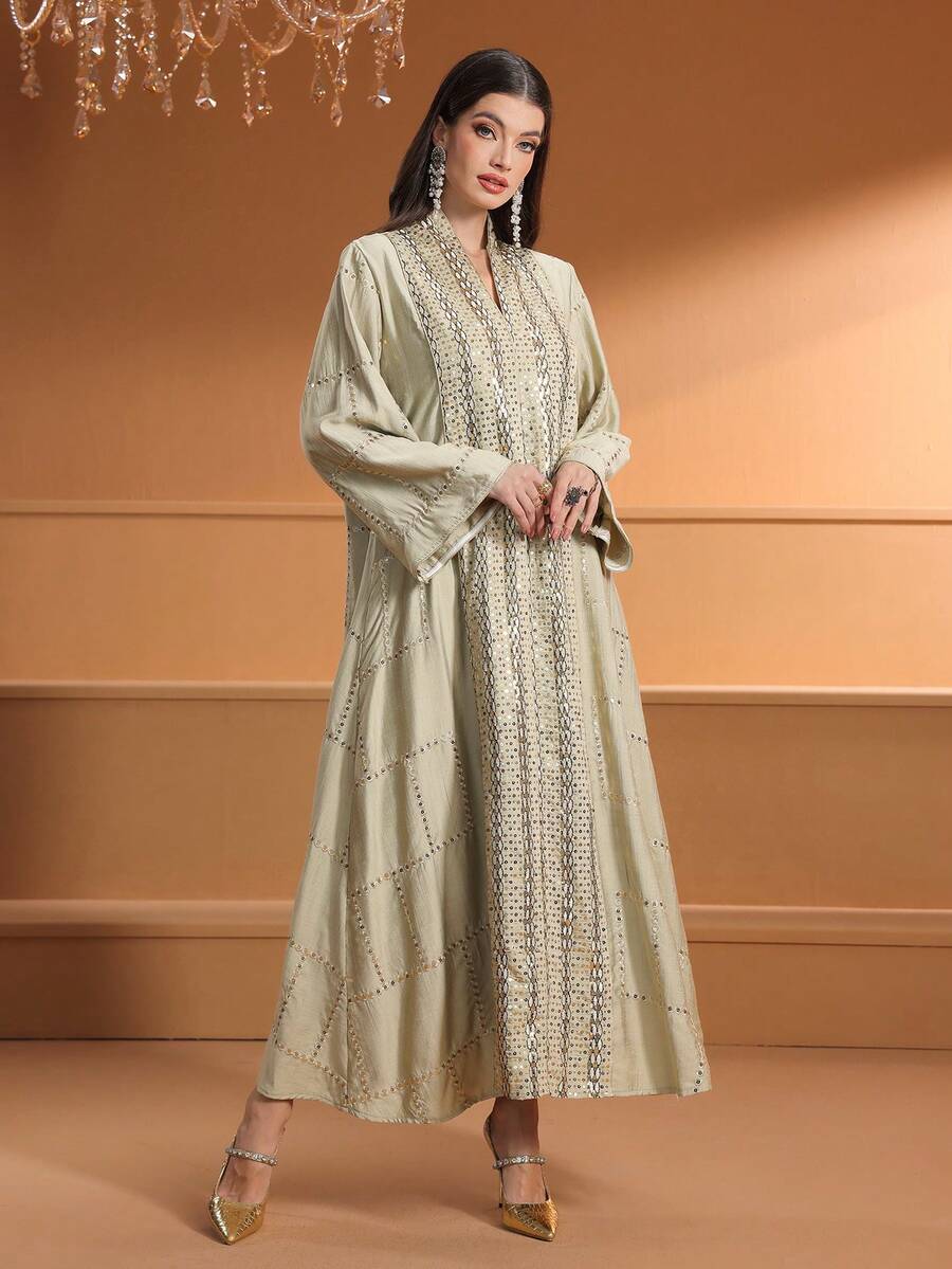 Váy Maxi Ả Rập trang trí sequin, cổ chữ V thanh lịch dành cho nữ, Kaftan khiêm tốn - xanh quân đội - Xem 1