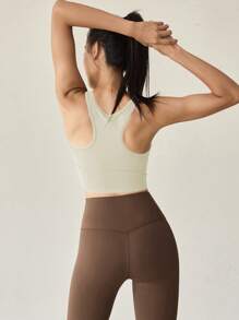 运动文胸 - 固定式减震瑜伽背心，女士跑步训练健身文胸 - 奶油色 - 查看 5