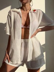 2pcs Women Summer Beach Cherry Decor Swimsuit Cover Up And Shorts Set, Bikini Not Included