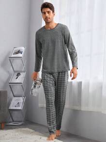 2pcs Men's Sleepwear Set, Crew Neck Top And Pants - Dark Grey - View 5