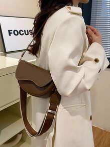 Classic Women's Retro Style Crossbody Bag, Fashion Versatile Solid Color Portable Adjustable Shoulder Strap Saddle Bag, Casual Minimalist Wide Strap Shoulder Bag, Suitable For Commuting, Shopping And Dating. - Coffee Brown - View 4