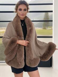 1 chiếc áo choàng Poncho dệt kim Acrylic giả cổ lông chồn màu trơn, phong cách cổ điển thanh lịch phù hợp với váy sườn xám hoặc váy dạ hội, áo khoác cardigan dệt kim ngắn cho mùa thu/đông - Nhiều màu - Xem 18