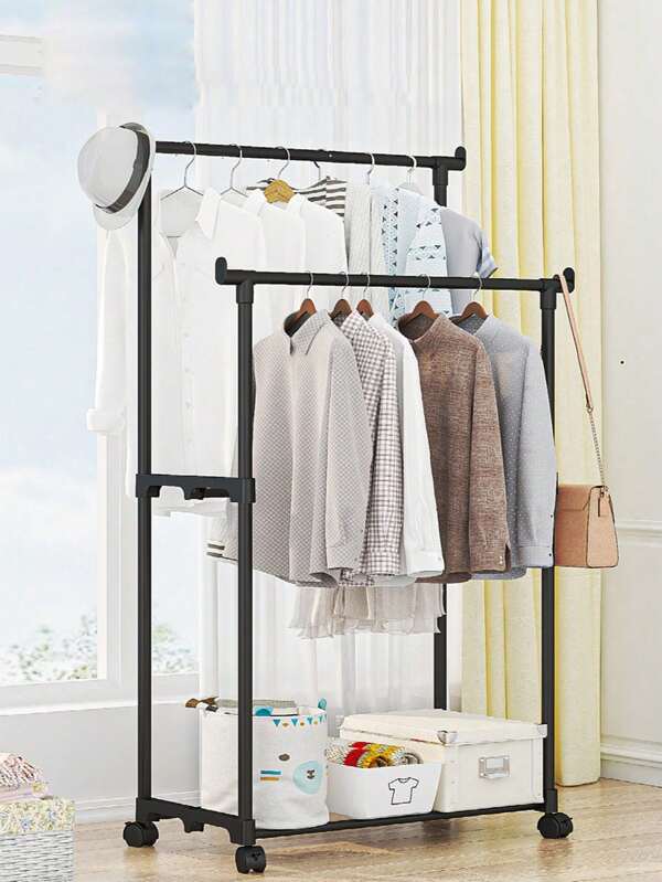 1pc Adjustable Metal Garment Rack With Wheels - Portable Double-Hanging Rod Clothes, Shoes & Accessories Organizer With Shelf - Stainless Steel, Black/White - Space-Saving For Bedrooms & Closets, Closet Storage Solution | Sleek Metal Rack | Sturdy Metal Frame, Clothes Organizer Storage