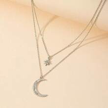 1pc Fashion Elegant Double Layer Star Moon Rhinestone Pendant Necklace - Yellow Gold - View 7