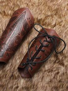 1 Pair Medieval Style Embossed Leather Wrist Guards, Cosplay Stage Props Rider Accessory - Brown - View 3