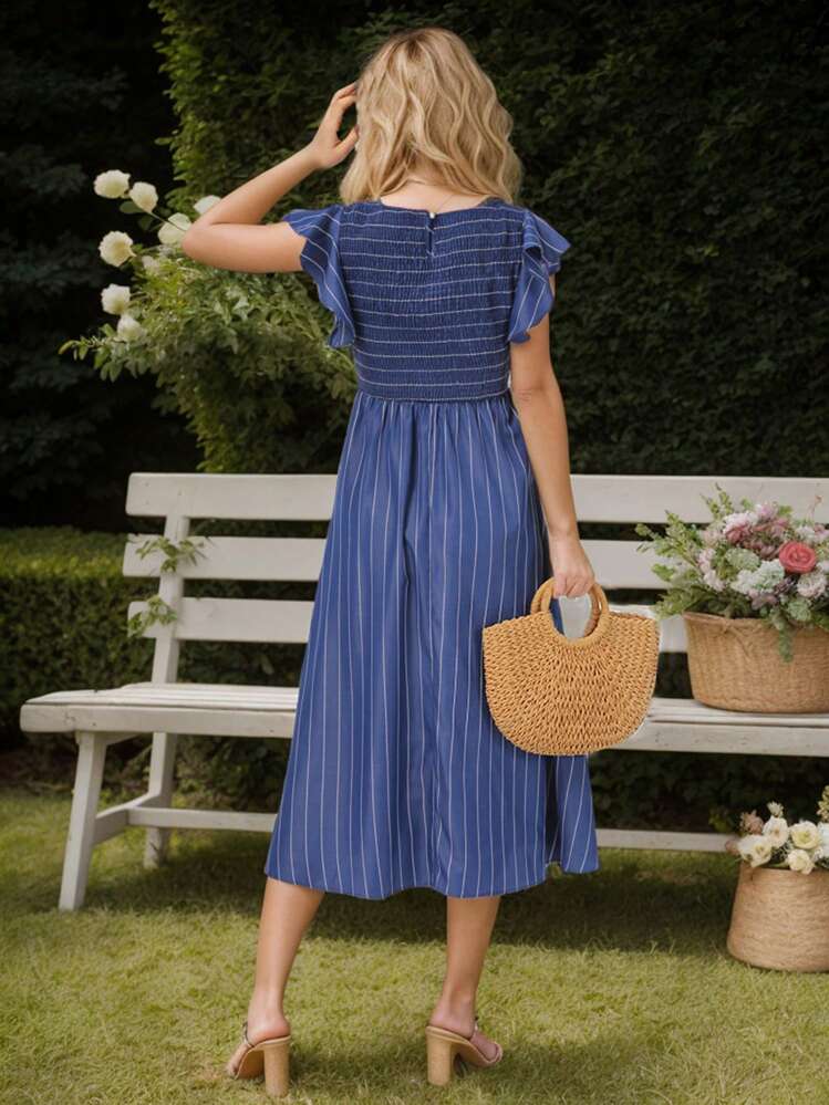 tooluck Pastoral Square Neck Midi Maxi Dress Stripes Print Design, Sweet Style To Daily Wear, Woman Clothes - 藏蓝色 - 查看 2