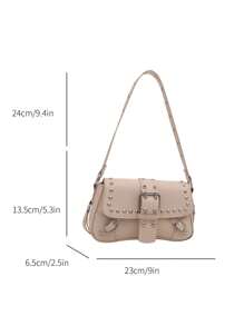 时尚纯色铆钉装饰腋下包皮扣翻盖单肩包，适合逛街，钱包，逛街，年轻女性，大学生，新人，白领。非常适合办公室，大学，工作，商务，通勤，户外活动，旅行和郊游 - 米色 - 查看 7