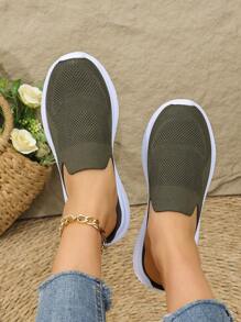 女士圆头休闲运动鞋，轻便透气，织物鞋面，适合日常穿着、户外、通勤、跑步、健身房、校园、春夏秋季，时尚百搭，绿色休闲运动鞋 - 軍綠色 - 查看 3