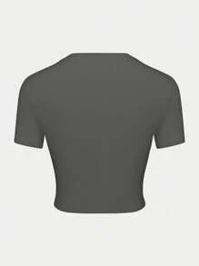 2025 Women's Y2k Basic Short Sleeve CrewNeck T-Shirt For Fall, Fall Clothes Women, CasualSolid Slim-Fit Tee For Daily Streetwear, All-MatchWomen Teen Girls Clothes, School Outfit - Màu xám đen - Xem 3