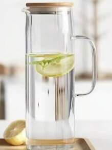 1pc 1000ml/1200ml/1500ml Straight Borosilicate Glass Water Kettle With Wooden Lid, Summer Fruit Juice Pitcher, Heat Resistant, Suitable For Home, Gatherings, Restaurants