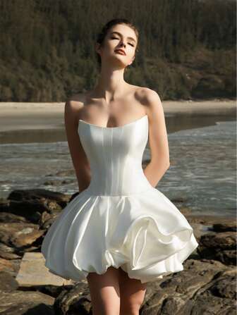 HEARBOBO 新年时尚女士露肩缎面泡泡裙性感甜美迷你连衣裙，适合派对、新娘送礼会等场合