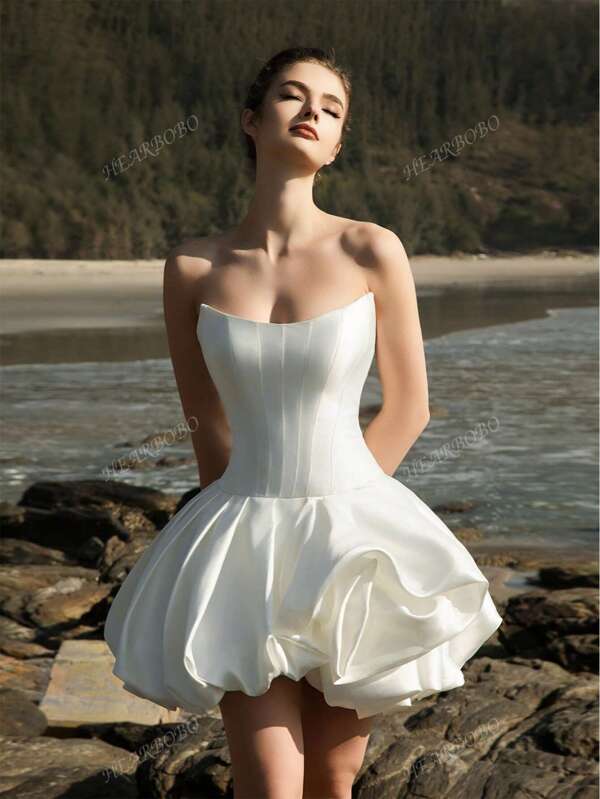 Vestido corto de seda con hombros descubiertos y falda abultada de corte alto y bajo, sexy y dulce, de HEARBOBO, para fiestas, eventos y despedidas de soltera