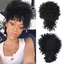 Afro Puff Drawstring Ponytail With Kinky Curly Hair Clip In Bangs Short Ponytail Extension Updo Hairpieces Short Curly Puff Ponytail With Bangs Clip In Wrap Updo Hairpiece For Women - Multicolor - View 2