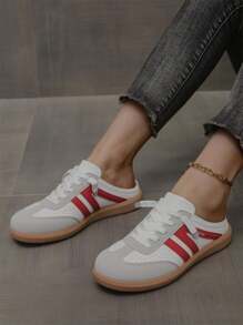 New Round Toe Lace-Up Skate Shoes, Thick Sole Lightweight Casual Sneakers Suitable For Autumn Outdoor Sports And Students, Patchwork Flat Casual Sports Shoes, Versatile Daily Skate Sports Shoes, Retro Classic Casual Sports Shoes, Unisex Round Toe Lace-Up Training Shoes, Multipurpose Sports Shoes, Classic Casual Sports Shoes For Men And Women - Red - View 4