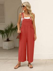 Women's Summer Cotton Linen Bib Bodysuit Loose Sleeveless Adjustable Wide Leg Jumpsuit - Đỏ - Xem 3