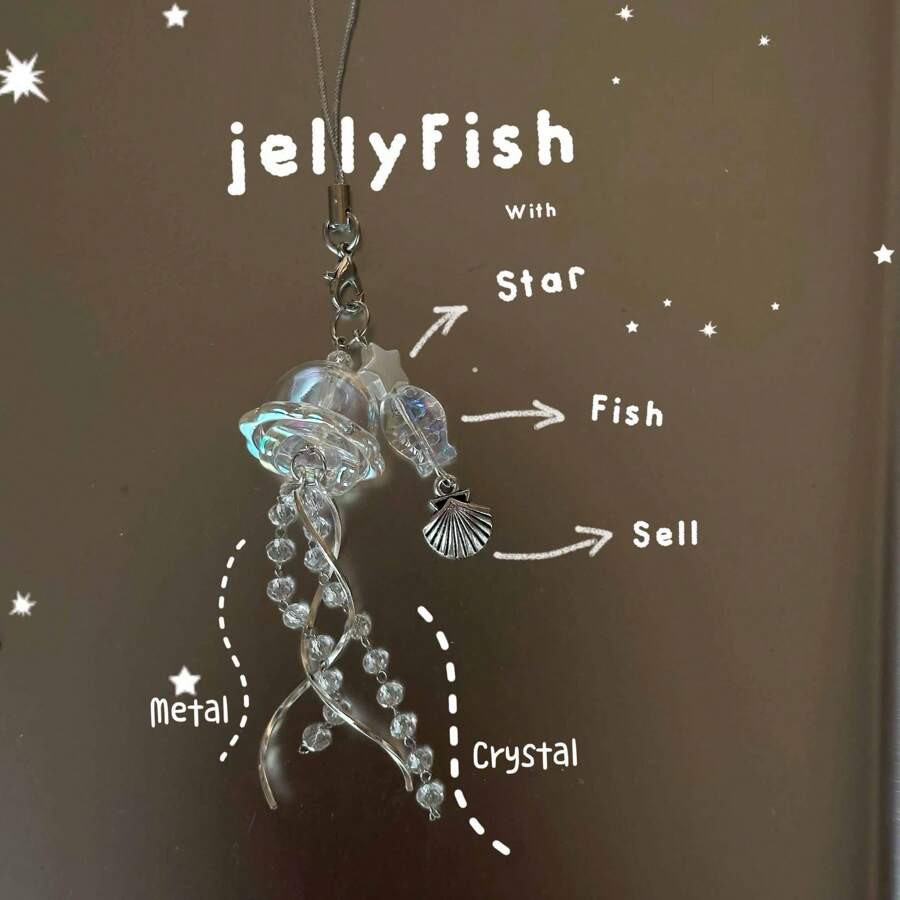 1 件梦幻水母透明海洋动物金属曲线浪漫手机绳钥匙扣吊坠,适用于耳机盒、包、手机、钥匙礼品纪念品汽车配件包魅力学院可爱哥特 Y2k - 彩色 - 查看 1