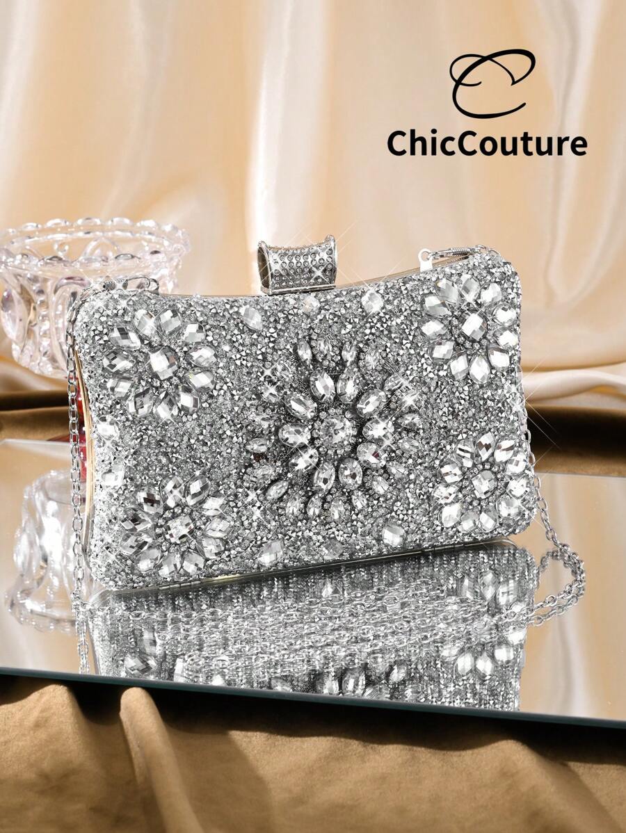 女士奢华闪亮化妆包盒形派对手拿包，闪亮晚宴手提包，适合正式派对、庆典、圣诞聚会等场合 - 銀色 - 查看 1