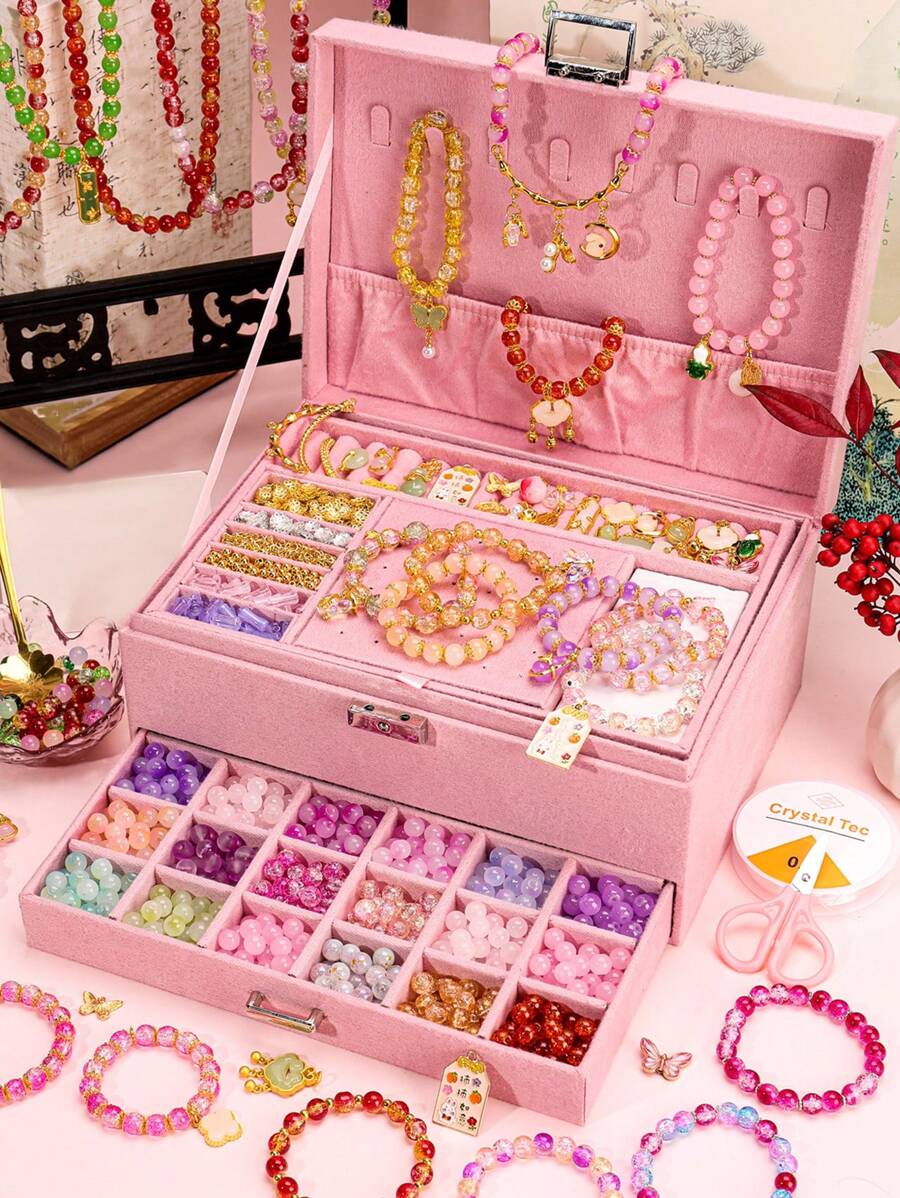 Kids Girls DIY Beaded Bracelet Craft Kit, Fun Birthday Gift Surprise Box