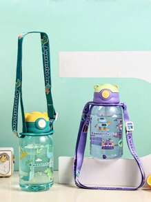 1pc650ml卡通小熊带吸管水杯儿童小学生防摔塑料杯幼儿园学校水壶宝宝学习杯（带子需自行安装）