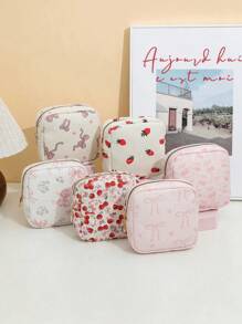 1 Piece Stylish Flower Print Bow Cherry Strawberry Print Wick Sanitary Napkin Storage Bag Mini Cosmetic Bag, Multifunctional Sanitary Napkin Storage Bag Small Square Bag, Small Cosmetic Travel Bag Toiletries Storage Bag For Women/Girls, Cute Zipper Bag Coin Purse College Style Suitable For School, Work, Travel, Cosmetic Bag, Cosmetic Bag, Skin Care Bag, Toiletry Bag, Packaging Box, Travel Supplies