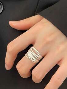 时尚宽边几何线条包裹一包纯银防过敏戒指 - 可调节哑光宽食指戒指女款 - 可调节戒指礼物送给朋友 - 線戒指 - 查看 11