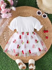 Baby Girl Cute Fruit Embroidery Splice Mesh Ruffle Sleeve Casual Dress For Summer