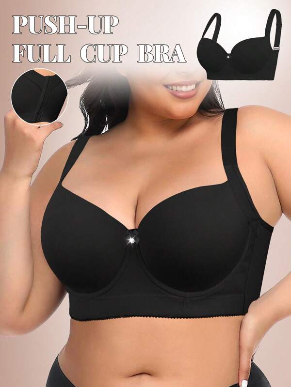 Black Seamless Plus Size Women's Underwear Smooth And Simple Gathering Lingerie Bra, Lift