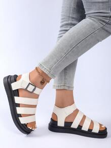 Sandalias de cuña de plataforma de unicolor para mujer, sandalias de verano casuales con hebilla, sandalias abiertas cómodas, sandalias planas romanas para mujer, sandalias de unicolor con correa cruzada abierta y antideslizante - Blanco - Ver 4